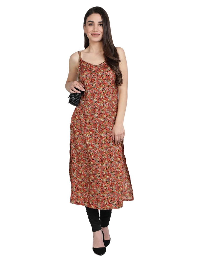 PATLANI Women's Cotton BLENED Sleeveless Printed Full Stitched Kurti.(k-199) Orange - Image 1