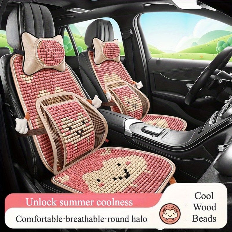 Pink Double Seat Lumbar Support Car Cushion With Wooden Bead Breathable Cooling - Image 4