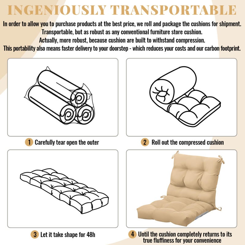 Marsui 4 Pcs Outdoor Indoor High Back Chair Cushions Patio Furniture Tufted Pillow with Ties Water-Resistant Replacement Outdoor Rocking Chair Cushions, 42 x 21 Inches (Beige,Solid Color) - Image 3