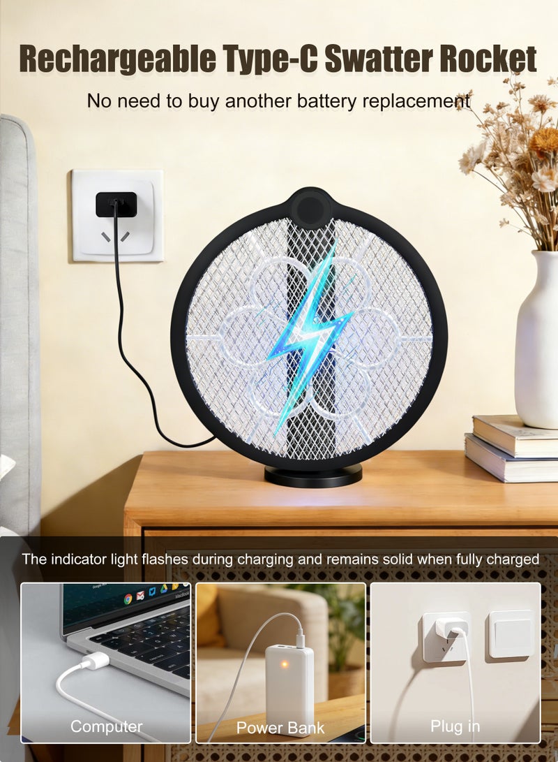 ANYOUI 3-in-1 Electronic Mosquito Swatter, Foldable Design with USB Charging and LED Insect Attractant Light, Triple-Layer Protective Net, Suitable for Home, Kitchen, and Indoor/Outdoor Use (Black) - Image 3