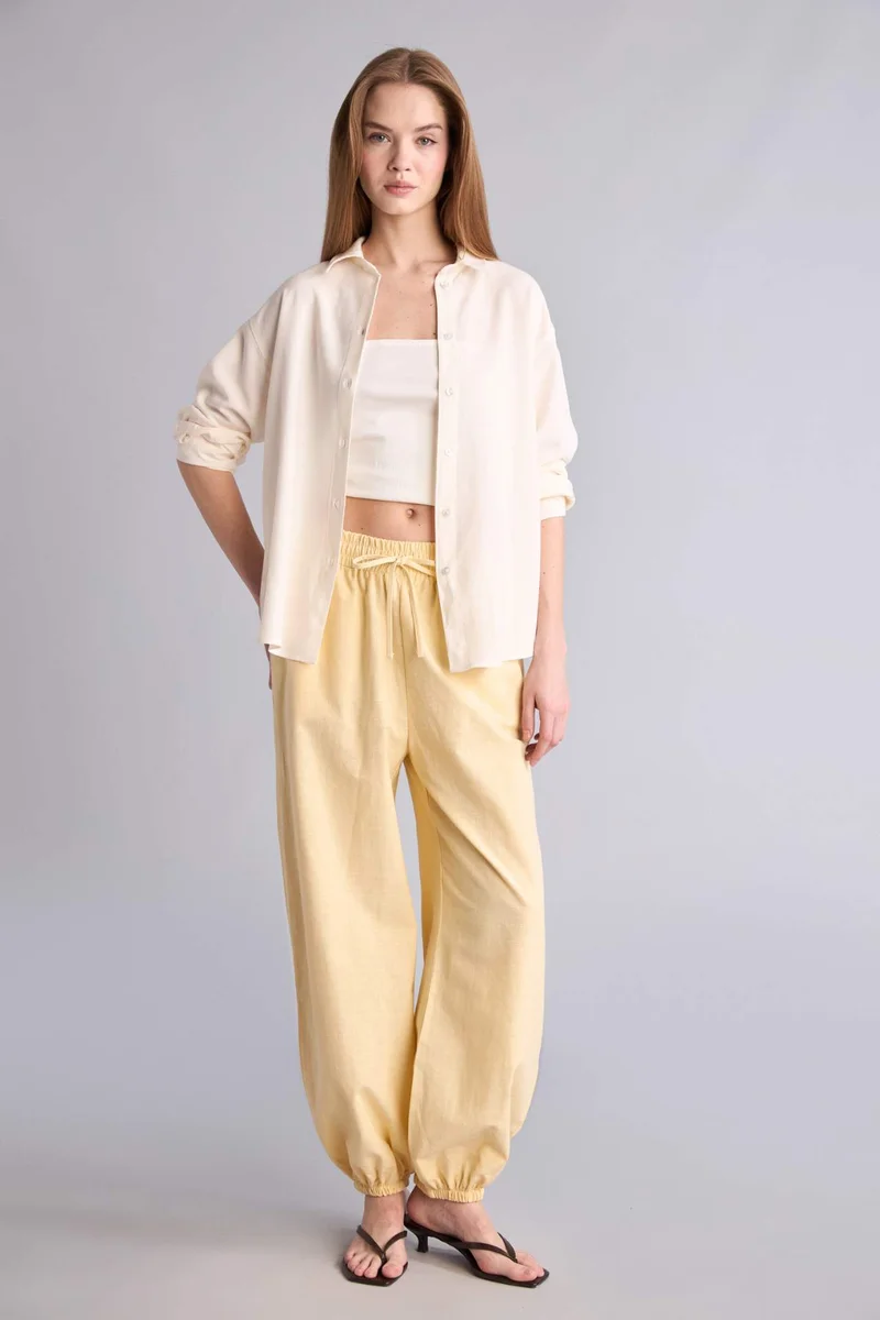 DeFacto Oversize Fit Shirt Collar Linen Blended Long Sleeve Shirt