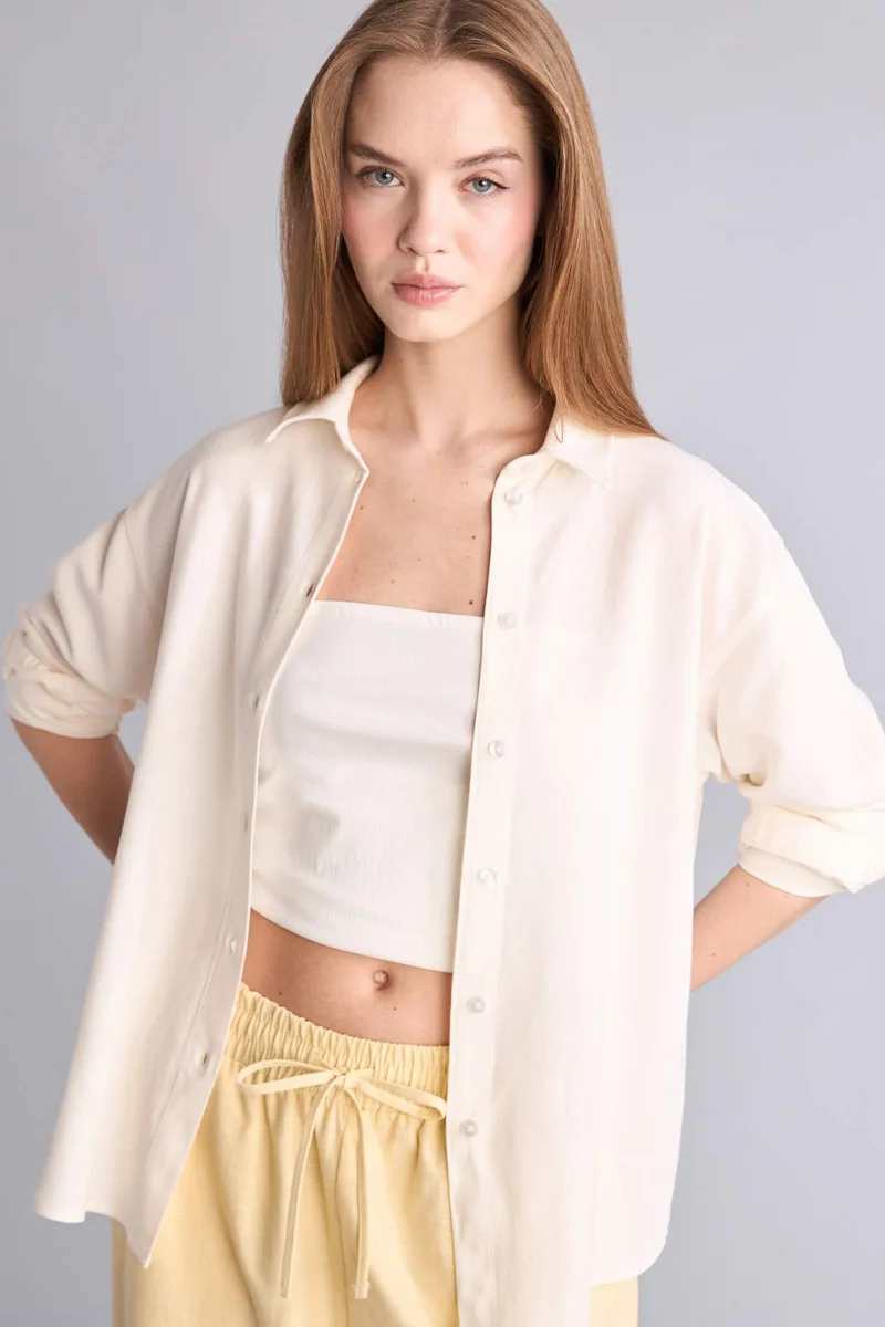 DeFacto Oversize Fit Shirt Collar Linen Blended Long Sleeve Shirt