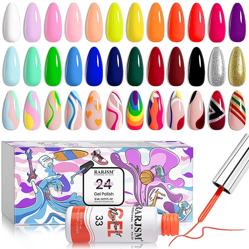 RARJSM Nail Art Gel Liner 24 Color Line Art Painted Gel Nail Polish Set Pink Blue Green Silver Gold Glitter for Nails Painting Drawing Soak Off U V L E D Curing Requires Bulid in Thin Nail Art Brush - Image 1