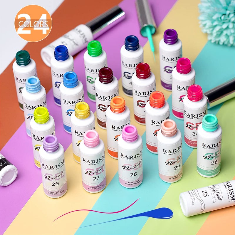 RARJSM Nail Art Gel Liner 24 Color Line Art Painted Gel Nail Polish Set Pink Blue Green Silver Gold Glitter for Nails Painting Drawing Soak Off U V L E D Curing Requires Bulid in Thin Nail Art Brush - Image 3