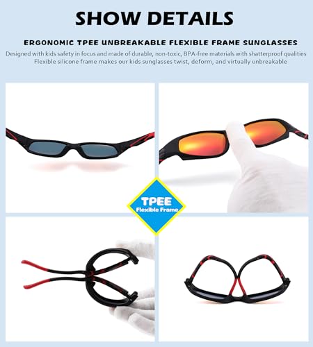 NULOOQ Kids Baseball Polarized Sunglasses – Unbreakable Flexible Youth Sports Sunglasses for Boys Girls Age 4-12 (Matte Black Frame/Red Mirrored Lens) - Image 5