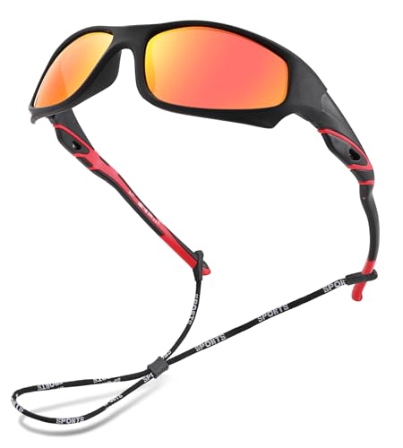 NULOOQ Kids Baseball Polarized Sunglasses – Unbreakable Flexible Youth Sports Sunglasses for Boys Girls Age 4-12 (Matte Black Frame/Red Mirrored Lens) - Image 1
