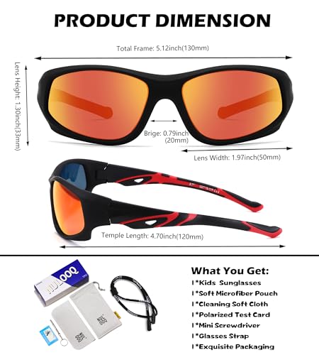 NULOOQ Kids Baseball Polarized Sunglasses – Unbreakable Flexible Youth Sports Sunglasses for Boys Girls Age 4-12 (Matte Black Frame/Red Mirrored Lens) - Image 4