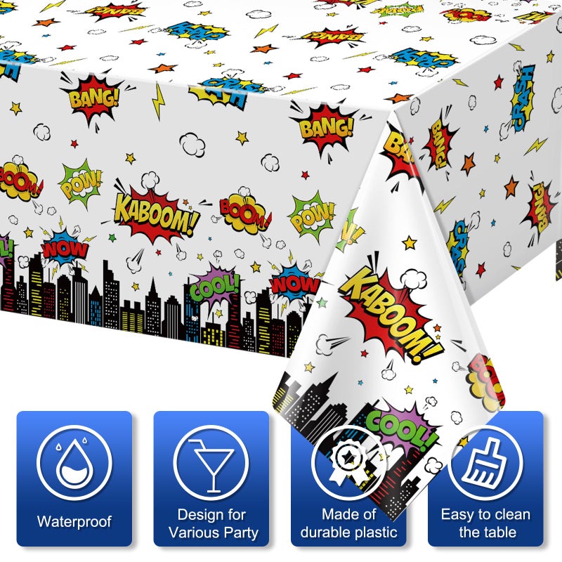 KEASKELL 3Pcs Hero Themed Birthday Party Tablecloths Decorations,White Cityscape Super Bang Plastic Table Cover Disposable Rectangle Table Cloth for Baby Shower Kids Boys Birthday Party Supplies,54x108 Inch - Image 3