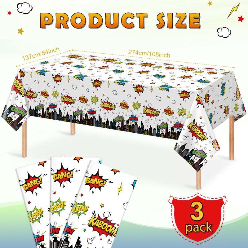 KEASKELL 3Pcs Hero Themed Birthday Party Tablecloths Decorations,White Cityscape Super Bang Plastic Table Cover Disposable Rectangle Table Cloth for Baby Shower Kids Boys Birthday Party Supplies,54x108 Inch - Image 2