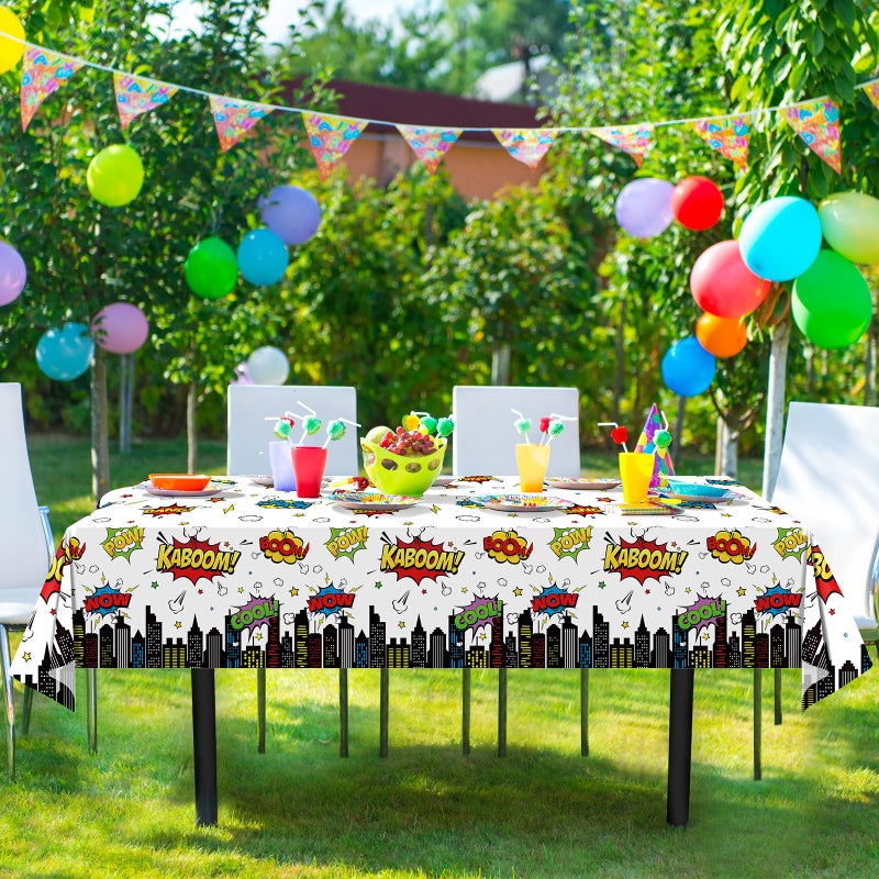 KEASKELL 3Pcs Hero Themed Birthday Party Tablecloths Decorations,White Cityscape Super Bang Plastic Table Cover Disposable Rectangle Table Cloth for Baby Shower Kids Boys Birthday Party Supplies,54x108 Inch - Image 4