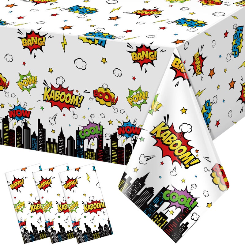 KEASKELL 3Pcs Hero Themed Birthday Party Tablecloths Decorations,White Cityscape Super Bang Plastic Table Cover Disposable Rectangle Table Cloth for Baby Shower Kids Boys Birthday Party Supplies,54x108 Inch - Image 1