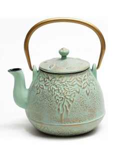 Japanese Teapot with Stainless Steel Infuser, Cast Iron Tea Kettle Stovetop Safe, Leaf Design Coated with Enameled Interior for 32 Ounce (950 ml), Light Green