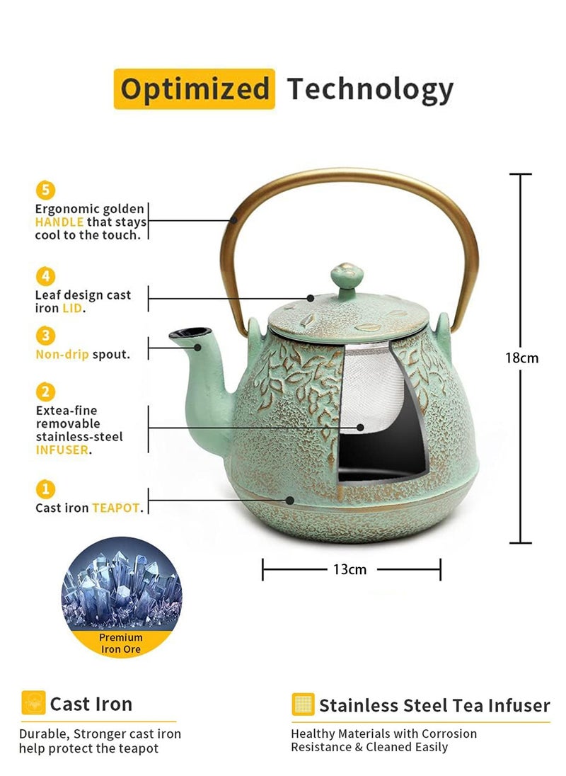 LENND - Japanese Teapot with Stainless Steel Infuser, Cast Iron Tea Kettle Stovetop Safe, Leaf Design Coated with Enameled Interior for 32 Ounce (950 ml), Light Green - Image 1