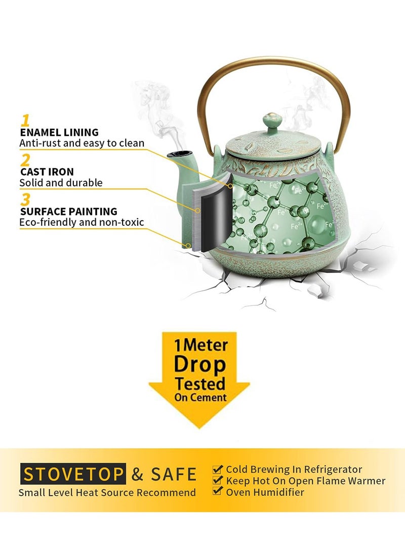 LENND - Japanese Teapot with Stainless Steel Infuser, Cast Iron Tea Kettle Stovetop Safe, Leaf Design Coated with Enameled Interior for 32 Ounce (950 ml), Light Green - Image 1