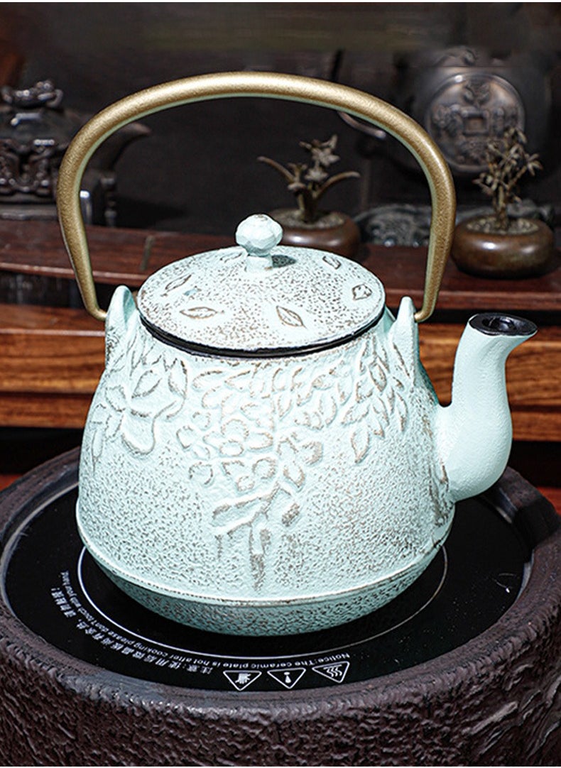 LENND - Japanese Teapot with Stainless Steel Infuser, Cast Iron Tea Kettle Stovetop Safe, Leaf Design Coated with Enameled Interior for 32 Ounce (950 ml), Light Green - Image 1