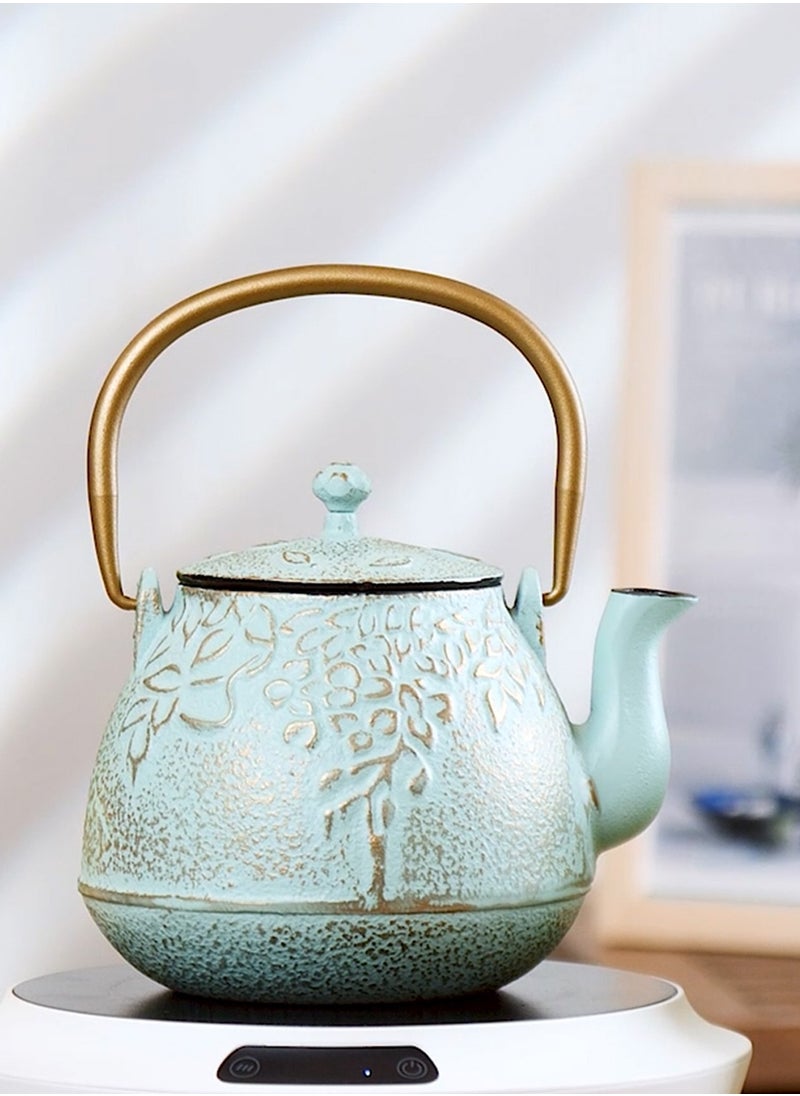 LENND - Japanese Teapot with Stainless Steel Infuser, Cast Iron Tea Kettle Stovetop Safe, Leaf Design Coated with Enameled Interior for 32 Ounce (950 ml), Light Green - Image 1