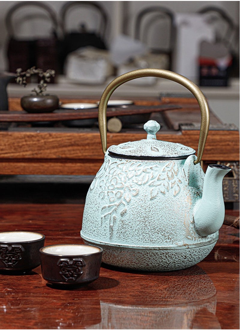 LENND - Japanese Teapot with Stainless Steel Infuser, Cast Iron Tea Kettle Stovetop Safe, Leaf Design Coated with Enameled Interior for 32 Ounce (950 ml), Light Green - Image 1