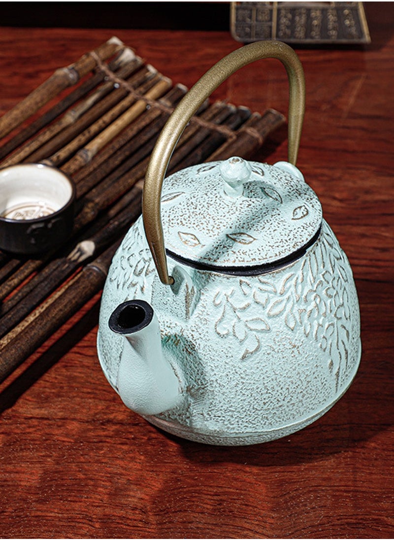 LENND - Japanese Teapot with Stainless Steel Infuser, Cast Iron Tea Kettle Stovetop Safe, Leaf Design Coated with Enameled Interior for 32 Ounce (950 ml), Light Green - Image 1