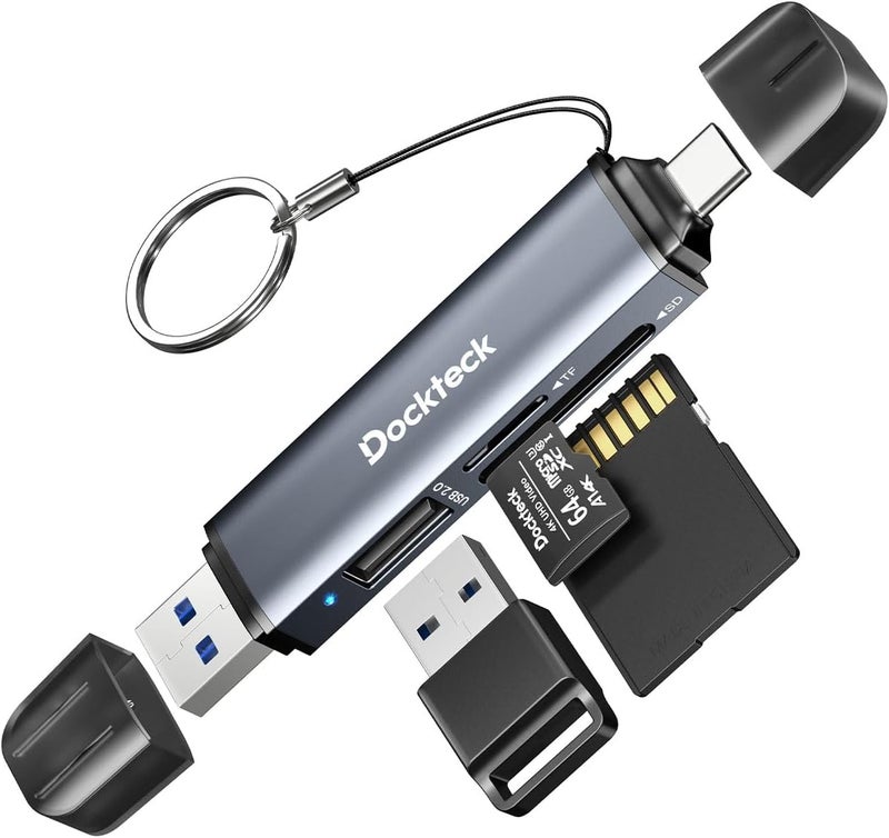 دوكتيك قارئ بطاقات SD من Dockteck، قارئ بطاقات SD/TF بسرعة عالية 5G وبتقنية USB3.0، يحتوي على 3 فتحات لقراءة بطاقات USB A/C إلى بطاقات SD/Micro SD/USB A، يدعم تقنية OTG للتوصيل الفوري (Plug&Play). - Image 1