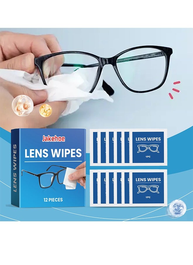 Jakehoe Lens Wipes For Glasses - Pre-moistened Glasses Lens Cleaning Wipes - 12 Lens Wipes Individually Wrapped Silk-Free And Streak-Free Glasses Wipes Lens Cleaner For Sunglasses And Camera Lenses Glasses Stains Blurred Vision Clean Glasses Screen Convenient Portable Wipes  - Image 1
