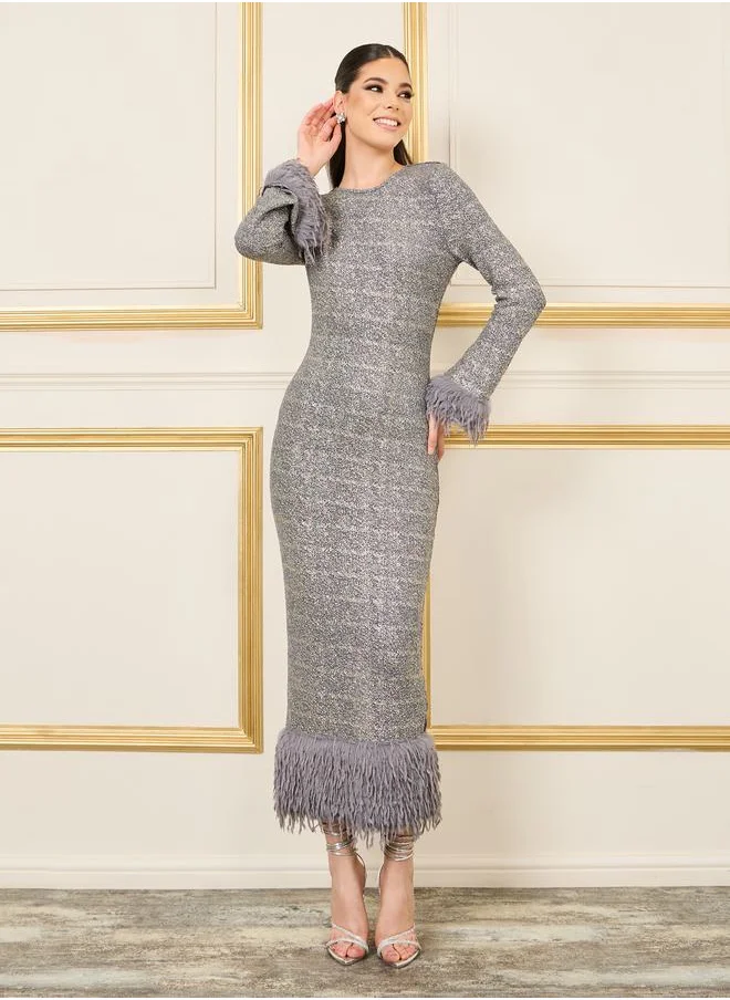 Styli Faux Fur Trim Textured Glitter Bodycon Maxi Dress
