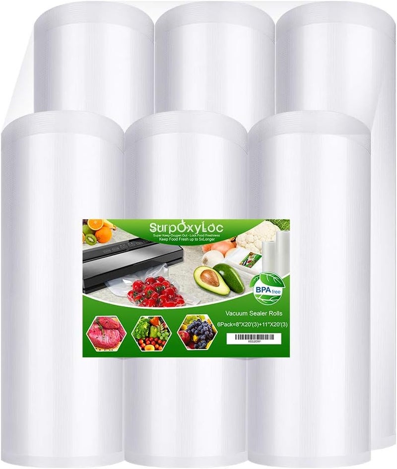 SurpOxyLoc 6 Pack 8"x20'(3Rolls) and11"x20'(3Rolls) Food Vacuum Sealer Bags Rolls with BPA Free,Heavy Duty,Great for Sous Vide and Vac Seal storage - Image 1