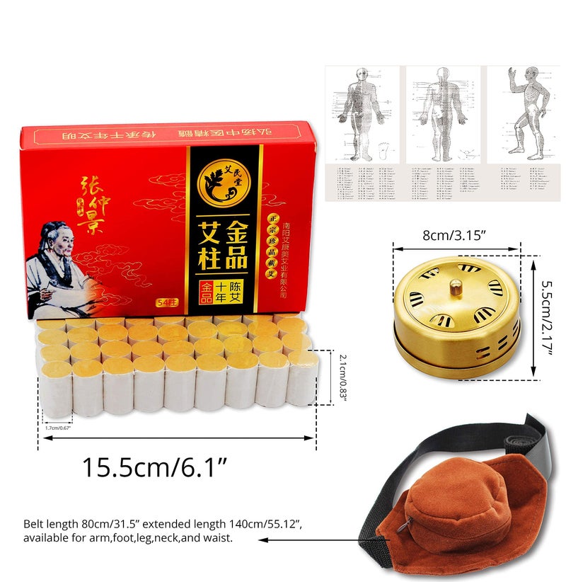 Uloveido 10-Years Purity 60:1 Ratio 54 Rolls Sticks Pure Moxibustion + 1 Copper Portable Smokeless Mugwort Moxibustion Moxa Box Round Shape Burner+1 Acupoint Mapè‰¾ç¸æŸ± è‰¾æŸ±å¸¦é“œç›’ç©´ä½å›¾ - Image 2