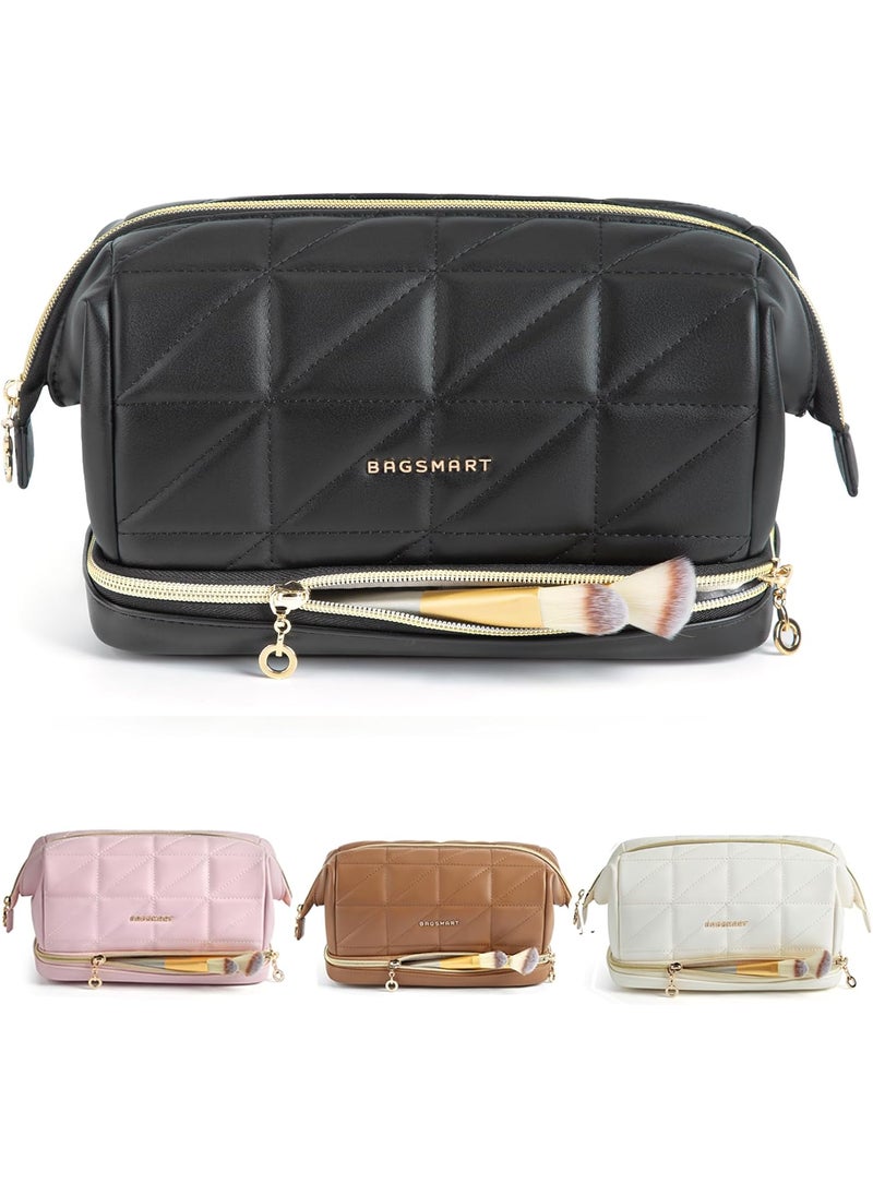 BAGSMART BAGSMART Travel Makeup Bag, PU Leather Waterproof Cosmetic Bags Makeup Bags for Women, Large Capacity Make up Bag, Wide-open Makeup Pouch for Travel Essentials, Bottles, Brushes (Black) 