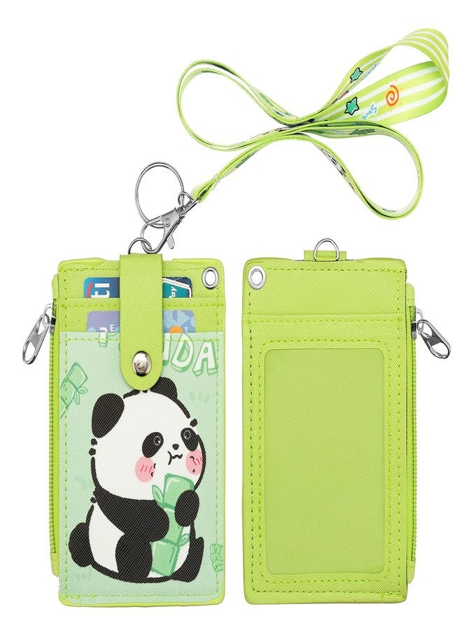 HASFINE ID Badge Holder with Cartoon Panda Design PU Leather ID Card Wallet, 2-Sided 3 Card Slots, Zippered Pocket, Detachable Keychain Lanyard for Teachers, Students, Nurses, Office Staff - Image 1