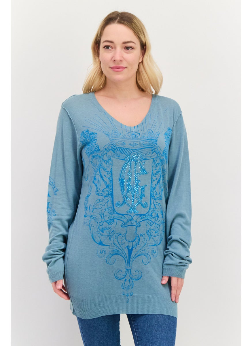 CHRISTIAN AUDIGIER Women V-Neck Graphic Print Sweater, Slate Blue  - Image 1