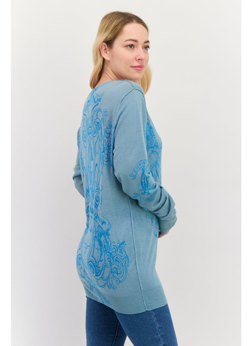 CHRISTIAN AUDIGIER Women V-Neck Graphic Print Sweater, Slate Blue  - Image 2