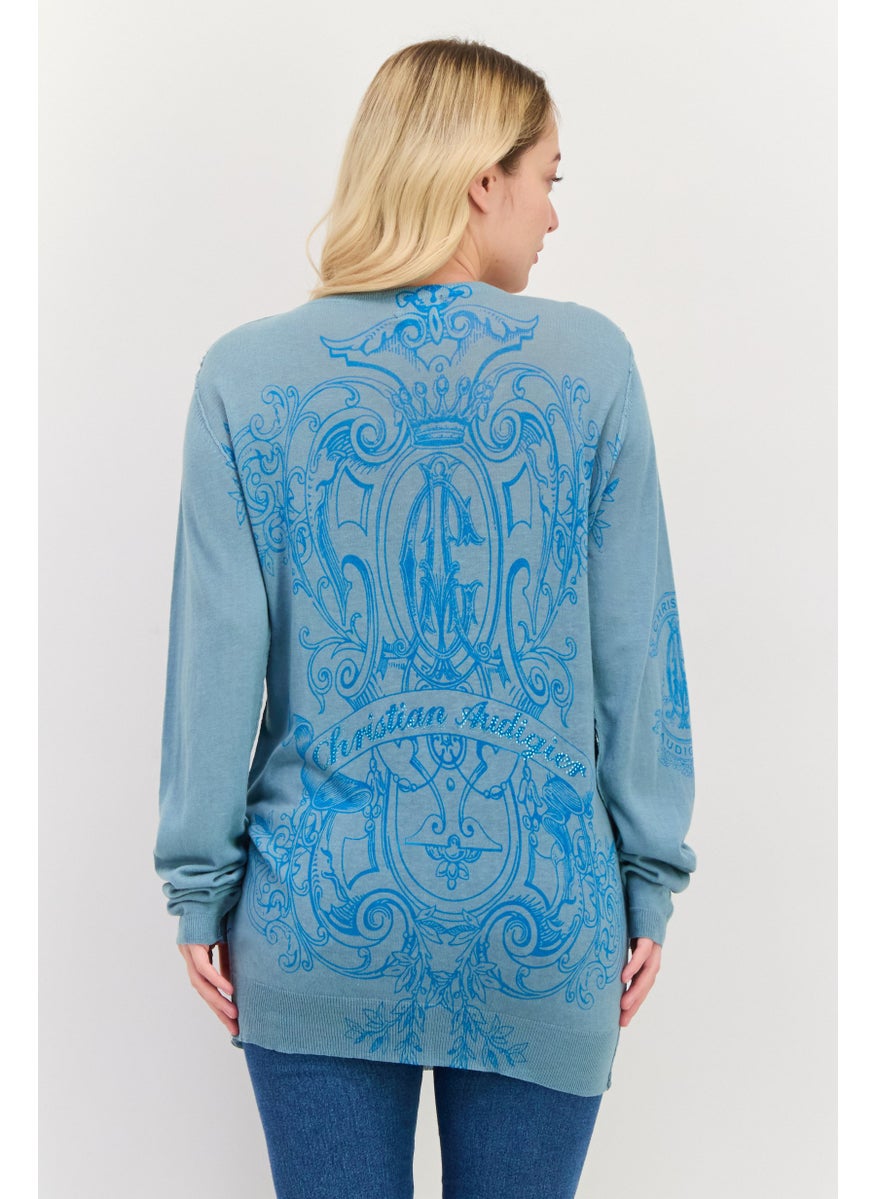 CHRISTIAN AUDIGIER Women V-Neck Graphic Print Sweater, Slate Blue  - Image 3