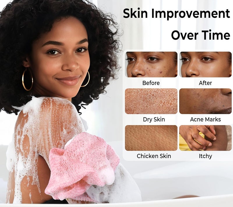 Afro Scrubber إسفنجة الشبكة الأفريقية - قطعتان مناشف الاستحمام الأفريقية الأصيلة - إسفنج تقشير الجسم للاستحمام غابة ووردي فاتح - مقشر فرك الظهر ليفة الاستحمام لإكسسوارات حمام الجسم - Image 3