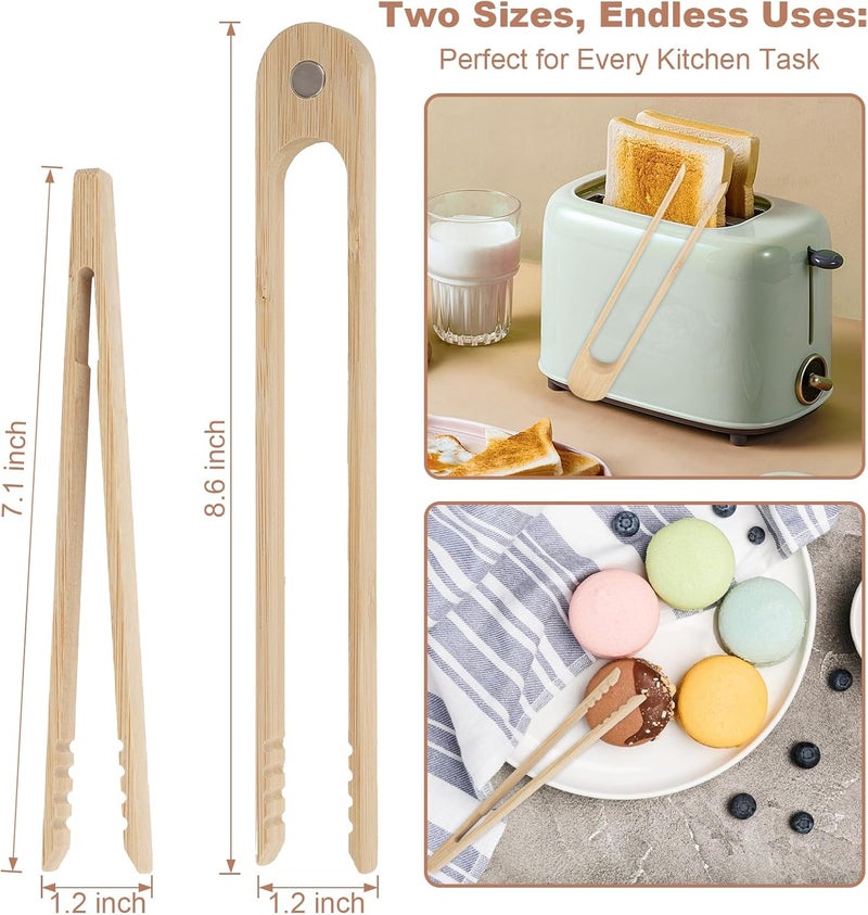 FCSTYODO Bamboo Toaster Tongs & Toast Tongs for Cooking - 8.6" Magnetic + 7.1" Mini Anti-Slip Duo | Premium Bamboo Utensils for Bacon, Bread, Salad (2-Piece) - Image 2