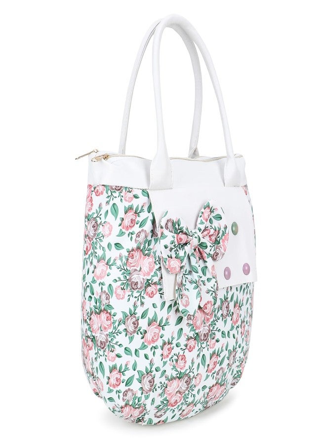 Nexeura Stylish Floral Handbag for Women & Girls | 16.5L Capacity | 2 Compartments, 2 Pockets | Lightweight 350g Shoulder Bag | Elegant Bow Design | 38.85 x 16 x 28.5 cm (WHITE) - Image 4