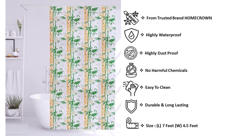 HOMECROWN Bamboo Print 7 feet Waterproof Shower Curtain for Bathroom PVC Plastic Curtain with 8 Hooks 54 Inch x 84 Inch Green Pack of 1 - Image 4