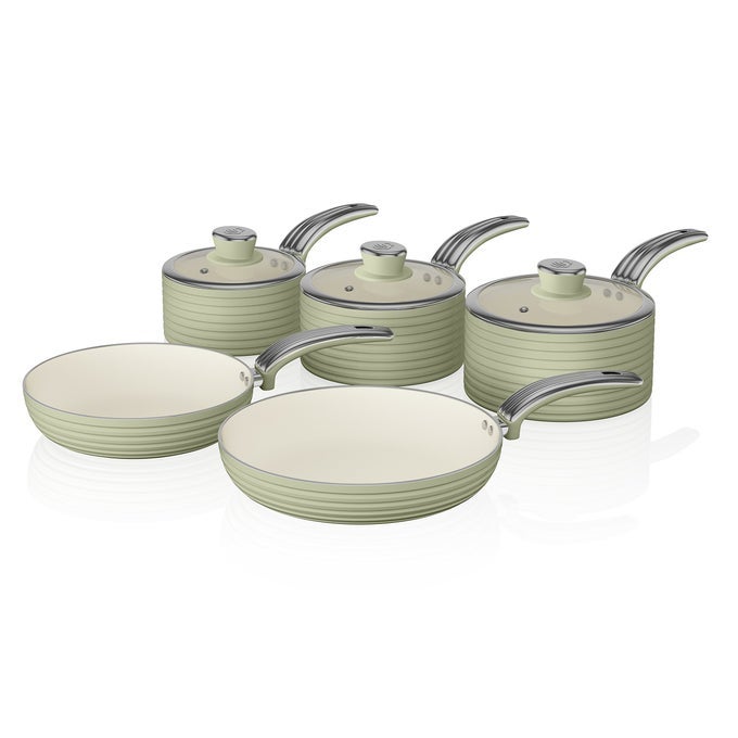 SWPS5020GN RETRO 5 PIECE ALUMINIUM PAN SET WITH GLASS LID NONSTICK CERAMIC COATING GREEN