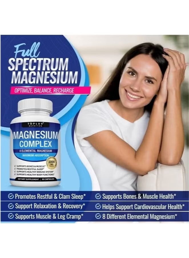 Toplux Magnesium Complex Supplement 8 Elemental Magnesium 1000mg - Magnesium Glycinate, Citrate, Malate, Taurate, Chelated for Easy Absorption for Bones, Muscle, Recovery, Energy, Vegan Non-GMO 90 Capsules - Image 2