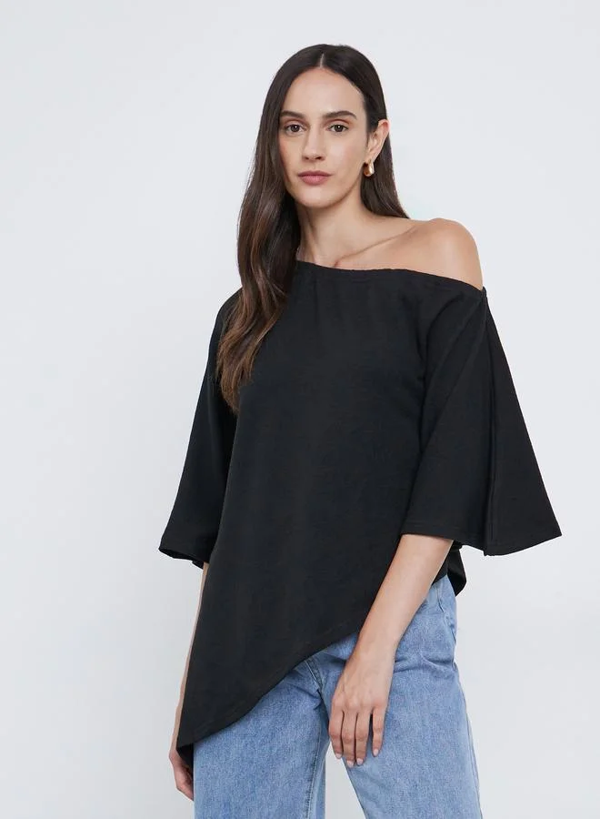 Styli Solid One Shoulder Cape Style Blouse