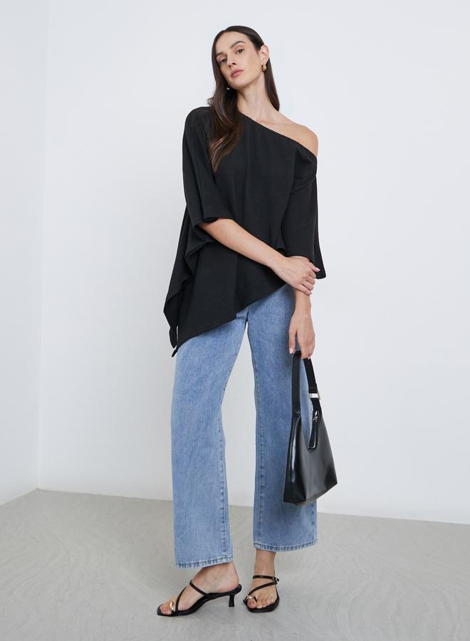 Styli Solid One Shoulder Cape Style Blouse - Image 2