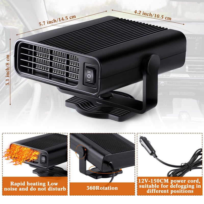 Datanly 2 Pcs 12v 150w Portable Car Heater for Vehicle Plugs into Cigarette Lighter, 360Â° Rotatable Windshield Defroster, 2 in 1 Auto Heater Fan Defogger Warmer Electric for Cars SUV Universal(Black) - Image 2