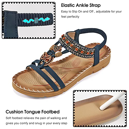 Aomigoct Sandals Women Flat Shoes: Dressy Summer Bohemian Flats Shoes for Women Sandals Comfortable Ankle Strap Outdoor Walking - Image 4