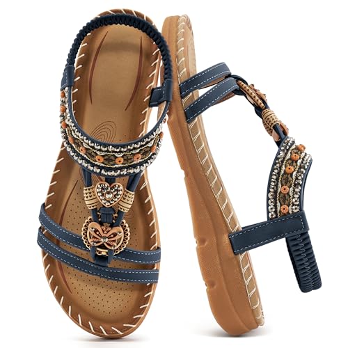 Aomigoct Sandals Women Flat Shoes: Dressy Summer Bohemian Flats Shoes for Women Sandals Comfortable Ankle Strap Outdoor Walking - Image 1