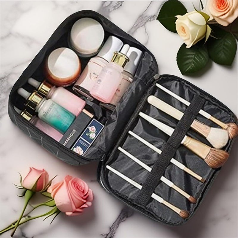 MVM Enterprise Cosmetic Travel Bag Waterproof DualLayer  Spacious ORGANIZING Makeup TOILETRIES Skincare Brushes  Accessories Portable Design Ideal Travel Bag Black - Image 3