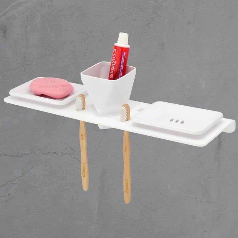 iSTAR Acrylic Wall Mounted 4-in-1 Multipurpose Bathroom Shelf - Tumbler, 2 Toothbrush Holder and 2 Soap Holder - Durable Bathroom Accessories - Toothpaste Holder for Kitchen Washbasin - Image 2