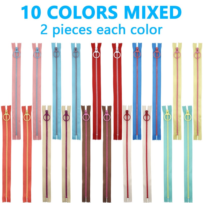SHRJ 20pcs Resin Zippers with #3 Lifting Ring Pulls Close-end for Sewing Bulk, Nylon Plastic Zippers for DIY Tailor Sewing Craft Bags Garment Clothing, 10 Colors (30cm/12inch) - Image 3