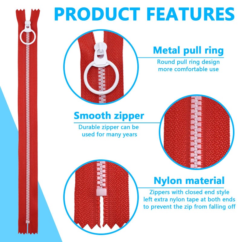 SHRJ 20pcs Resin Zippers with #3 Lifting Ring Pulls Close-end for Sewing Bulk, Nylon Plastic Zippers for DIY Tailor Sewing Craft Bags Garment Clothing, 10 Colors (30cm/12inch) - Image 4
