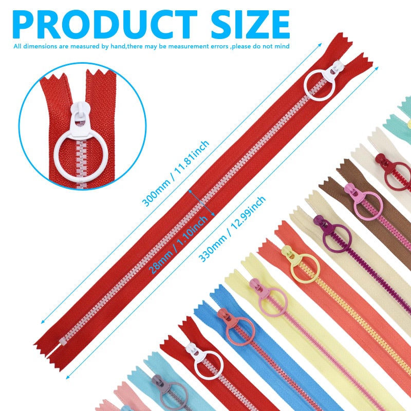 SHRJ 20pcs Resin Zippers with #3 Lifting Ring Pulls Close-end for Sewing Bulk, Nylon Plastic Zippers for DIY Tailor Sewing Craft Bags Garment Clothing, 10 Colors (30cm/12inch) - Image 2
