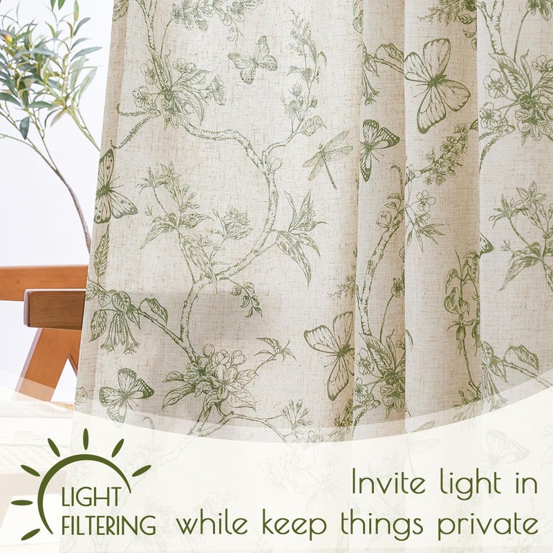 Lazzzy Charlotte Green Floral Lined Linen Farmhouse Curtains 84 Inch Long Back Tab Drapes for Living Room Bedroom Light Filtering Vintage Rod Pocket, 2 Panels, Green on Beige - Image 4