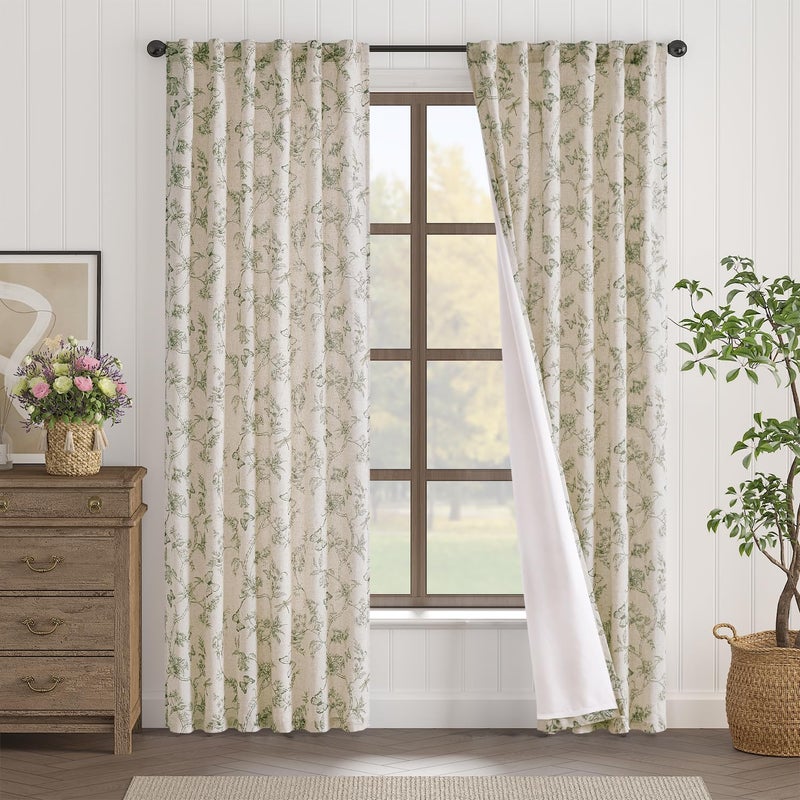 Lazzzy Charlotte Green Floral Lined Linen Farmhouse Curtains 84 Inch Long Back Tab Drapes for Living Room Bedroom Light Filtering Vintage Rod Pocket, 2 Panels, Green on Beige - Image 2